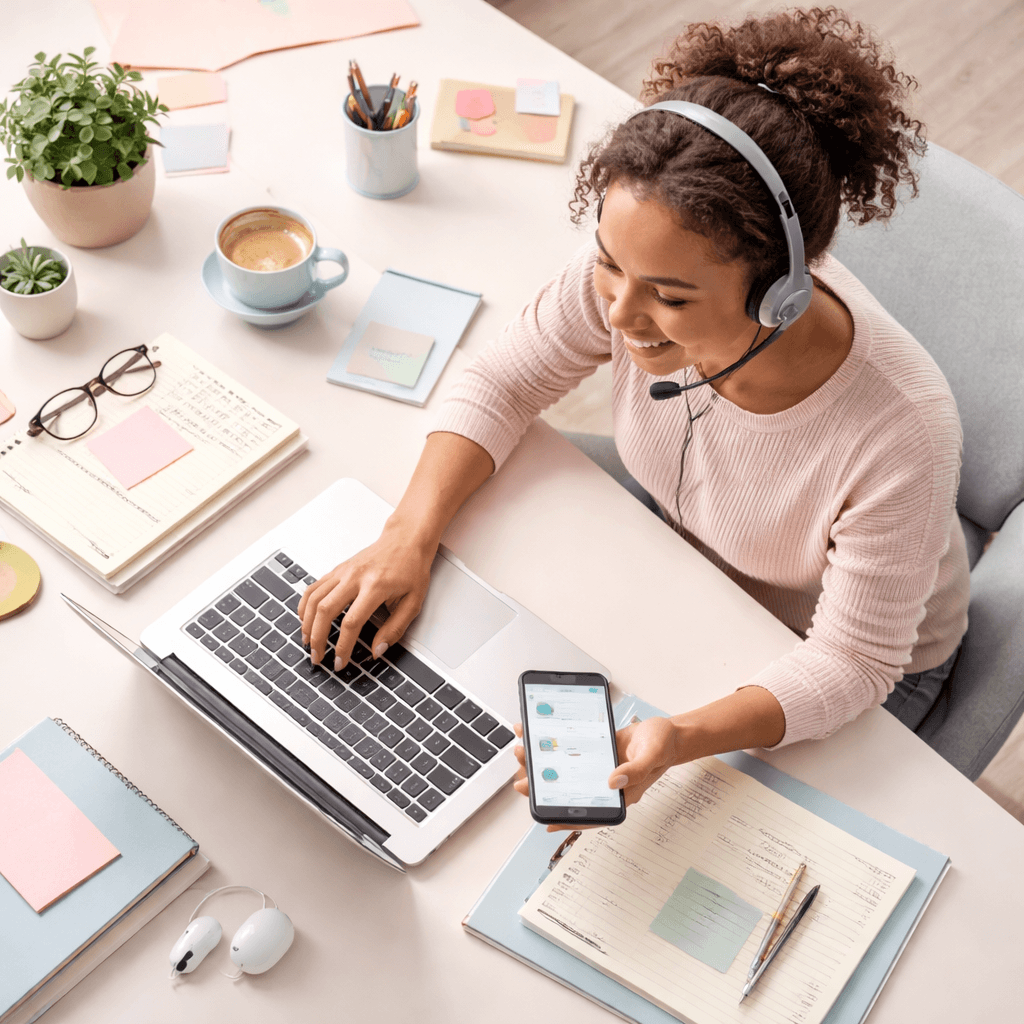 a customer service representative assisting clients via phone and chat