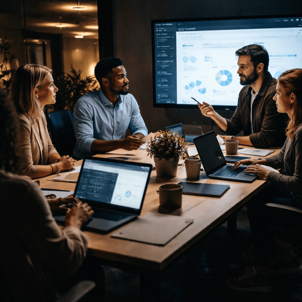 marketing team discussing Apollo AI features during a meeting